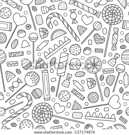 Black and white seamless pattern with hand drawn outline candies. Black and white seamless pattern with hand drawn outline candies.