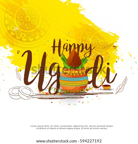 Vector Illustration Of Ugadi With decorated Kalash On Typographical Background. Vector Illustration Of Ugadi With decorated Kalash On Typographical Background.