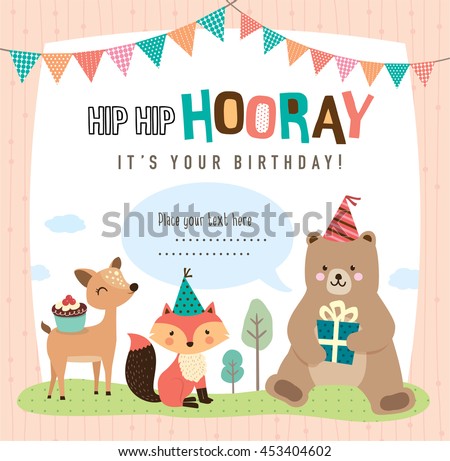 Birthday card with cute cartoon animals - stock vector Birthday card with cute cartoon animals - stock vector