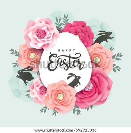 Elegant Easter day greeting card design with blossoms flowers and rabbits Elegant Easter day greeting card design with blossoms flowers and rabbits