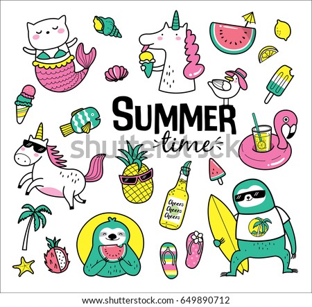 Set of cute and fun summer stickers/ badges/ icons/ patches/ design elements. Set of cute and fun summer stickers/ badges/ icons/ patches/ design elements.