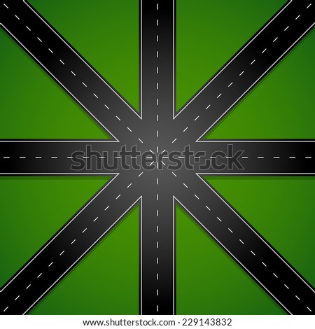Abstract intersection, Spreading roads from above. - stock vector