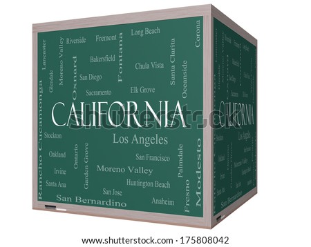 California State Word Cloud Concept on a 3D cube Blackboard with about 