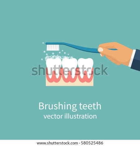 Brushing Teeth. Toothbrush hold in hand man. Dental care concept. Toothpaste bubbles foam. Oral hygiene. Vector illustration flat design. Isolated on background. Brushing Teeth. Toothbrush hold in hand man. Dental care concept. Toothpaste bubbles foam. Oral hygiene. Vector illustration flat design. Isolated on background.