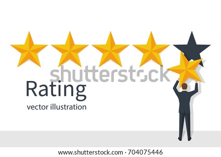 Star rating. Businessman holding a gold star in hand, to give five. Feedback concept. Evaluation system. Positive review. Vector illustration flat design. Isolated on white background. Quality work. Star rating. Businessman holding a gold star in hand, to give five. Feedback concept. Evaluation system. Positive review. Vector illustration flat design. Isolated on white background. Quality work.
