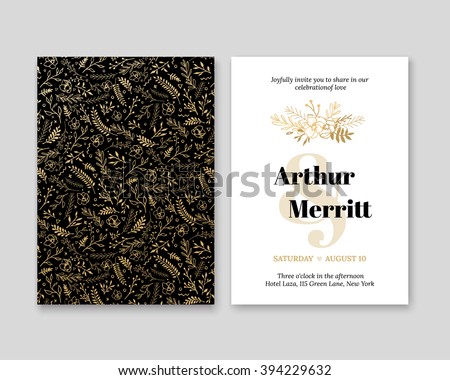 Golden Vector invitation with handmade floral elements. Modern Wedding Collection. Gold, a premium invitation to the feast. - stock vector Golden Vector invitation with handmade floral elements. Modern Wedding Collection. Gold, a premium invitation to the feast. - stock vector