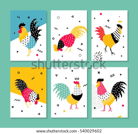 A set of cards for the holidays with a rooster in the style of the 90s. Illustration with bright elements Memphis and geometric shapes. Rooster symbol 2017. Set 1. A set of cards for the holidays with a rooster in the style of the 90s. Illustration with bright elements Memphis and geometric shapes. Rooster symbol 2017. Set 1.