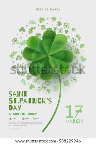 Poster in the pub on St Patrick's Day. A poster with a large four-sheeted clover can be used for a party or a concert. White background with room for text. Cover design template. Poster in the pub on St Patrick's Day. A poster with a large four-sheeted clover can be used for a party or a concert. White background with room for text. Cover design template.