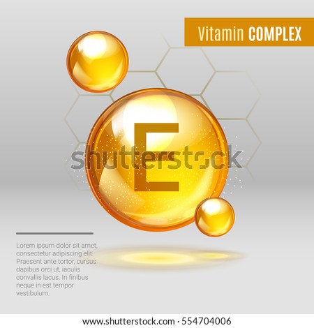 Vitamin E gold shining pill capcule icon . Vitamin complex with Chemical formula, Tocopherols, tocotrienols. Shining golden substance drop. Meds for heath ads. Vector illustration Vitamin E gold shining pill capcule icon . Vitamin complex with Chemical formula, Tocopherols, tocotrienols. Shining golden substance drop. Meds for heath ads. Vector illustration