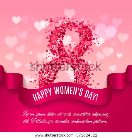 Women day background with silk ribbon and 8 match made of pink paper hearts. Greeting card for women or mother's day. Vector illustration Women day background with silk ribbon and 8 match made of pink paper hearts. Greeting card for women or mother's day. Vector illustration
