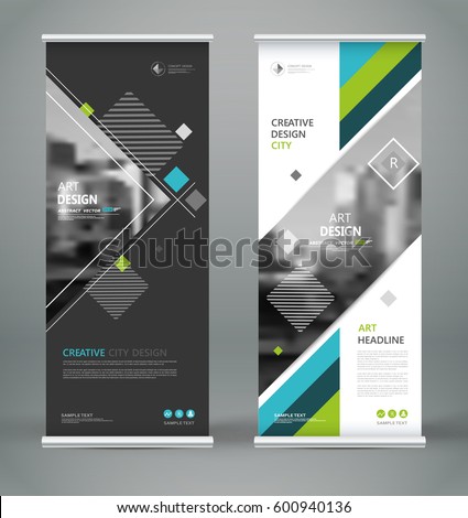 Abstract blurb font. Patch brochure cover design. Roll up info banner frame, ad flyer text, title sheet model set. Hi tech vector front page. Brand flag with city art. Blue, green triangle figure icon Abstract blurb font. Patch brochure cover design. Roll up info banner frame, ad flyer text, title sheet model set. Hi tech vector front page. Brand flag with city art. Blue, green triangle figure icon