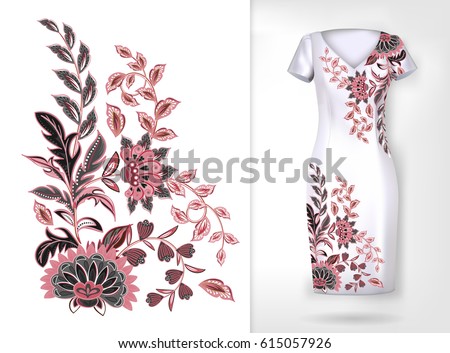 Embroidery colorful trend floral pattern. Vector traditional ornamental flowers pattern on dress mock up. Can be used in dressing clothes, textiles, household items. Embroidery colorful trend floral pattern. Vector traditional ornamental flowers pattern on dress mock up. Can be used in dressing clothes, textiles, household items.