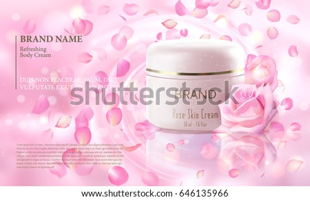 Rose flower extract cosmetic ads template, realistic 3D illustration skincare moisturizing mockup elegant glow bokeh background flying petal. Promoting vip luxury promo poster Rose flower extract cosmetic ads template, realistic 3D illustration skincare moisturizing mockup elegant glow bokeh background flying petal. Promoting vip luxury promo poster
