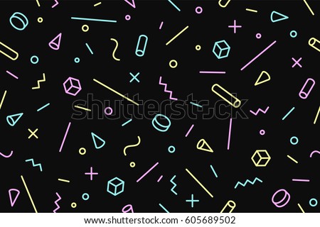Seamless memphis graphic pattern 80s-90s trendy styles on black background. Colorful pattern with different shapes objects. Design for wrapping paper, fabric background, wallpaper. Vector illustration Seamless memphis graphic pattern 80s-90s trendy styles on black background. Colorful pattern with different shapes objects. Design for wrapping paper, fabric background, wallpaper. Vector illustration