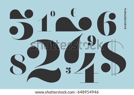 Font of numbers in classical french didot style with contemporary geometric design. Beautiful elegant stencil numeral, dollar and euro symbols. Vintage and retro typographic. Vector Illustration Font of numbers in classical french didot style with contemporary geometric design. Beautiful elegant stencil numeral, dollar and euro symbols. Vintage and retro typographic. Vector Illustration