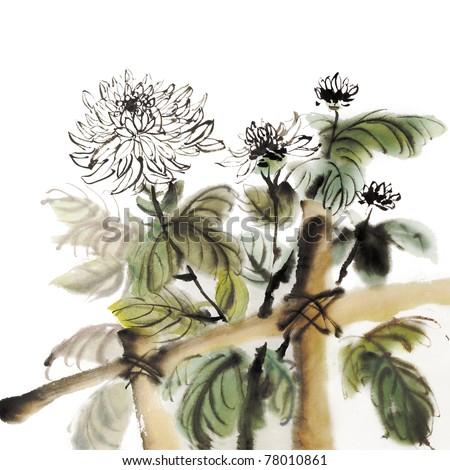 Chinese chrysanthemum garden ink painting on white background. stock Chinese chrysanthemum garden ink painting on white background. stock