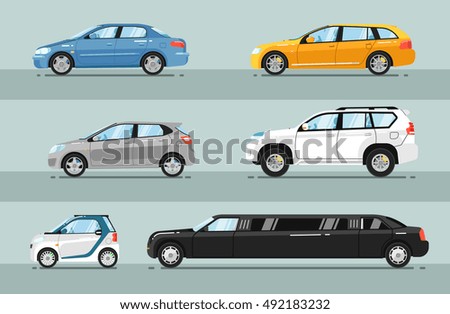 Different passenger car vector. Sedan, universal car, hatchback, off-road, SUV, mini, limousine car. Car side profile. Isolated car vector icon set. Detailed vector car type. Car side view. Car icon. Different passenger car vector. Sedan, universal car, hatchback, off-road, SUV, mini, limousine car. Car side profile. Isolated car vector icon set. Detailed vector car type. Car side view. Car icon.