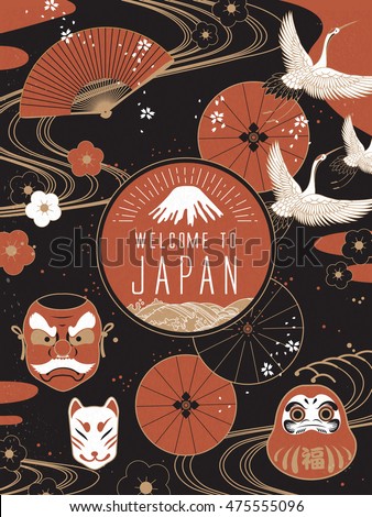Elegant Japan travel poster, traditional background with cultural symbol elements Elegant Japan travel poster, traditional background with cultural symbol elements