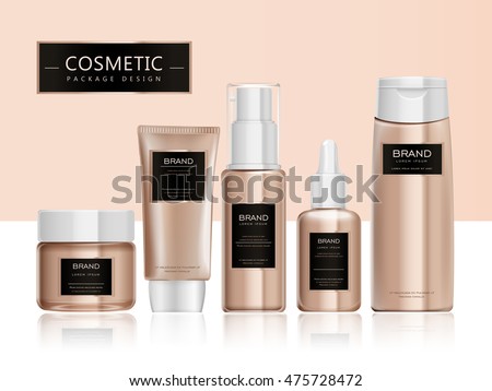 Cosmetic package template design, elegant packaging set with labels. 3D illustration. Cosmetic package template design, elegant packaging set with labels. 3D illustration.