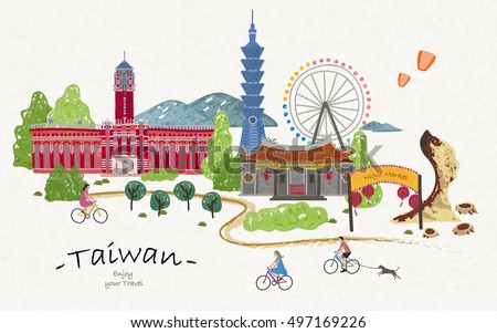 Hand drawn taiwan travel poster, lovely attractions for your trip. Hand drawn taiwan travel poster, lovely attractions for your trip.