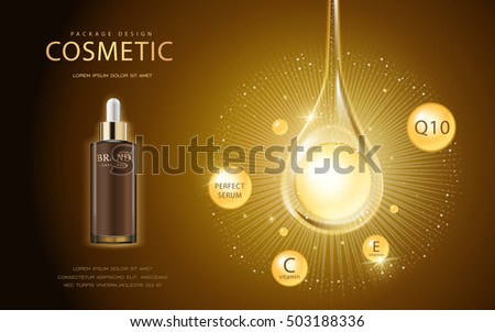 Cosmetic ads template, glass droplet bottle with essence oil drop isolated on brown background. 3D illustration. Q10, vitamin and other ingredients showing on the poster. Cosmetic ads template, glass droplet bottle with essence oil drop isolated on brown background. 3D illustration. Q10, vitamin and other ingredients showing on the poster.