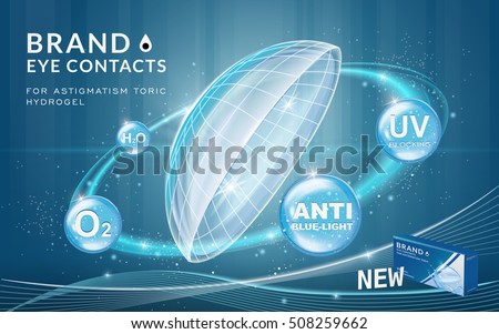 Eye contacts ads template, contact lenses with sparkling ring effects and advantages on blue bubbles. Product ads and package design in 3d illustration. Eye contacts ads template, contact lenses with sparkling ring effects and advantages on blue bubbles. Product ads and package design in 3d illustration.