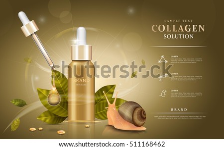 Snail extract cosmetic ads, droplet bottle with ingredients - snail and leaves. 3D illustration. Snail extract cosmetic ads, droplet bottle with ingredients - snail and leaves. 3D illustration.
