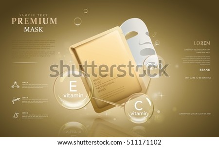 Moisturizing mask ads, premium facial mask with nutrition on transparent bubble. 3D illustration. Moisturizing mask ads, premium facial mask with nutrition on transparent bubble. 3D illustration.