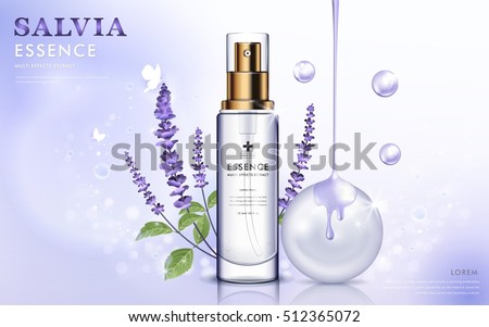 Salvia cosmetic ads, essence bottle with purple salvia and oil dripping from top, 3d illustration Salvia cosmetic ads, essence bottle with purple salvia and oil dripping from top, 3d illustration
