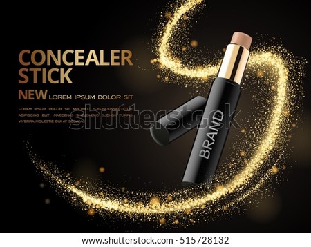 Attractive Concealer stick ads, 3d illustration foundation product with glittering sequins or dust in the air Attractive Concealer stick ads, 3d illustration foundation product with glittering sequins or dust in the air