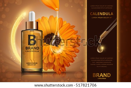 Calendula skin toner ads, 3d illustration cosmetic ads design with sparkling liquid and flower Calendula skin toner ads, 3d illustration cosmetic ads design with sparkling liquid and flower