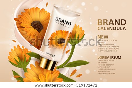 Calendula hand cream ads, 3d illustration cosmetic ads design with product template and flowers Calendula hand cream ads, 3d illustration cosmetic ads design with product template and flowers