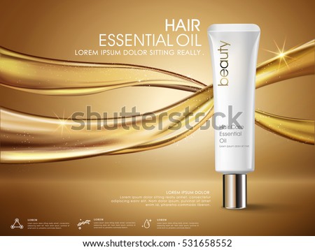 Golden hair oil ads, white tube packaging isolated on flowing oil, 3D illustration Golden hair oil ads, white tube packaging isolated on flowing oil, 3D illustration