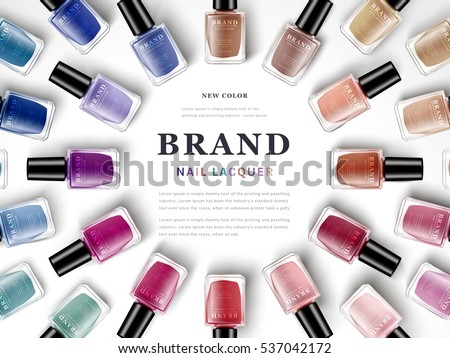 various colors of nail lacquers contained in transparent bottles arranged in radial shape, white background 3d illustration various colors of nail lacquers contained in transparent bottles arranged in radial shape, white background 3d illustration