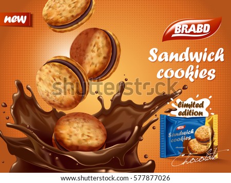 Sandwich chocolate cookies ad, delicious cookies dive into chocolate liquid with splashes, biscuit package design on orange background in 3d illustration Sandwich chocolate cookies ad, delicious cookies dive into chocolate liquid with splashes, biscuit package design on orange background in 3d illustration