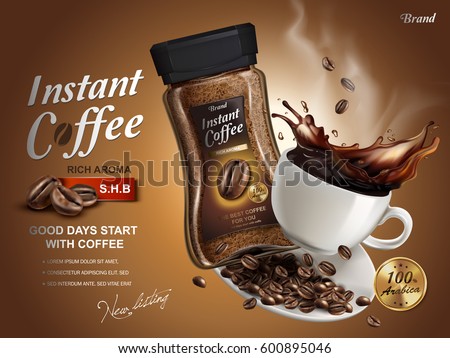instant coffee ad, with coffee splash elements, brown background, 3d illustration instant coffee ad, with coffee splash elements, brown background, 3d illustration