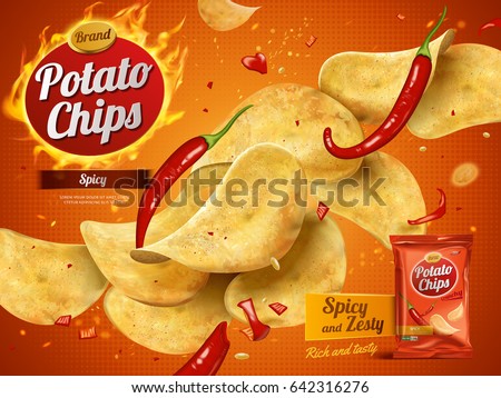potato chips advertisement, spicy flavor 3d illustration potato chips advertisement, spicy flavor 3d illustration
