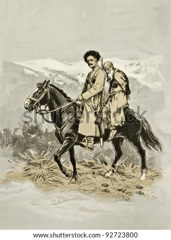 Cossack and his prisoner. Illustration by artist Zahar Pichugin from book "Leo Tolstoy "