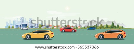 Flat vector cartoon style illustration of urban landscape street with cars, skyline city office buildings, family houses in small town and mountain with green trees in background. Cars on the road. Flat vector cartoon style illustration of urban landscape street with cars, skyline city office buildings, family houses in small town and mountain with green trees in background. Cars on the road.