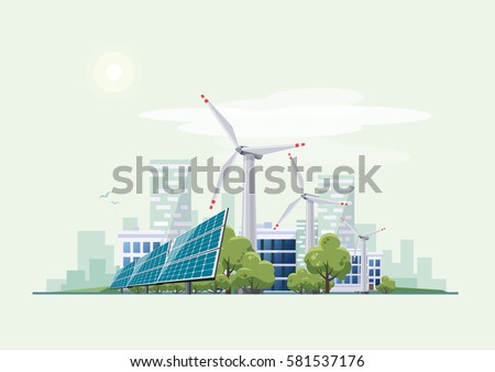 Solar panels and wind turbines in front of the city skyline in the background. Eco green city theme. Ecological sustainable energy supply. Solar panels and wind turbines in front of the city skyline in the background. Eco green city theme. Ecological sustainable energy supply.