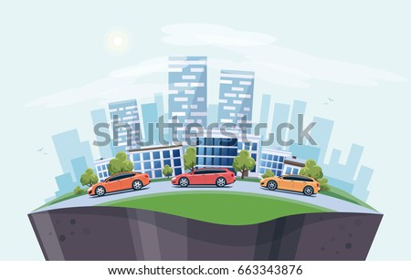 Vector illustration of modern cars parking along the town street in cartoon style arranged in arc. City skyscrapers building office skyline on blue background. Earth globe section underneath. Vector illustration of modern cars parking along the town street in cartoon style arranged in arc. City skyscrapers building office skyline on blue background. Earth globe section underneath.