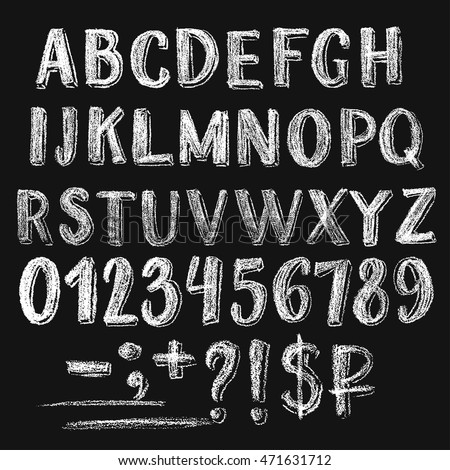 Sans serif chalk roman alphabet with only caps letters. Numbers, several signs and money symbols. Textured white characters on dark background. Sans serif chalk roman alphabet with only caps letters. Numbers, several signs and money symbols. Textured white characters on dark background.