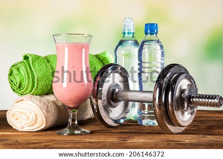 Healthy diet, protein shakes, fruits and sport and fitness concept ...