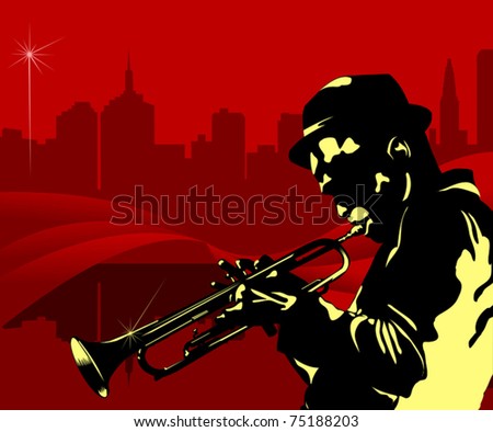 Man playing trumpet on the background of the city at night; - stock 
