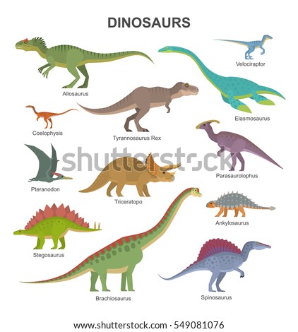 Vector collection of cute flat dinosaurs, including T-rex, Stegosaurus, Velociraptor, Pterodactyl, Brachiosaurus and Triceratop, isolated on white. Vector collection of cute flat dinosaurs, including T-rex, Stegosaurus, Velociraptor, Pterodactyl, Brachiosaurus and Triceratop, isolated on white.