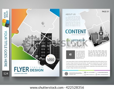 Brochure design template vector. Flyers annual report business magazine poster.Leaflet cover book presentation with abstract jigsaw pattern and flat city background. Layout in A4 size.illustration. - stock vector Brochure design template vector. Flyers annual report business magazine poster.Leaflet cover book presentation with abstract jigsaw pattern and flat city background. Layout in A4 size.illustration. - stock vector