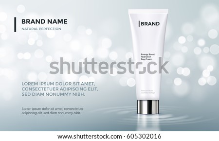Cosmetic design template. Vecror tube packaging with glossy silver cup on silver glitter background with bokeh Cosmetic design template. Vecror tube packaging with glossy silver cup on silver glitter background with bokeh