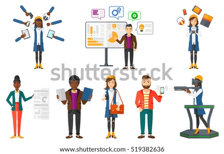 Confused woman and many hands with gadgets around her. Young woman surrounded with gadgets. Woman using many electronic gadgets. Set of vector flat design illustrations isolated on white background. Confused woman and many hands with gadgets around her. Young woman surrounded with gadgets. Woman using many electronic gadgets. Set of vector flat design illustrations isolated on white background.