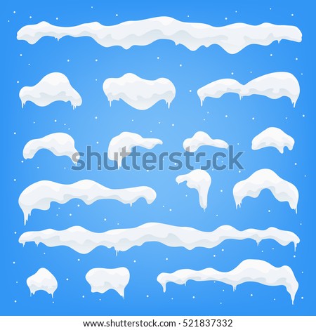 Snow caps, snowballs and snowdrifts set. Snow cap vector collection. Winter decoration element. Snowy elements on blue background. Cartoon template. Snowfall and snowflakes in motion. Illustration. Snow caps, snowballs and snowdrifts set. Snow cap vector collection. Winter decoration element. Snowy elements on blue background. Cartoon template. Snowfall and snowflakes in motion. Illustration.