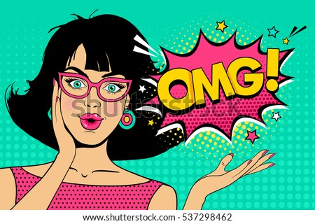 Wow pop art female face. Sexy surprised young woman in glasses with open mouth and black hair and OMG! speech bubble. Vector bright background in pop art retro comic style. Wow pop art female face. Sexy surprised young woman in glasses with open mouth and black hair and OMG! speech bubble. Vector bright background in pop art retro comic style.